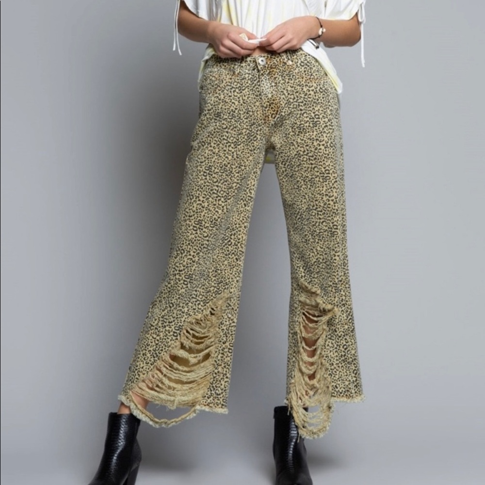 Wide Legged Distressed Leopard Pants